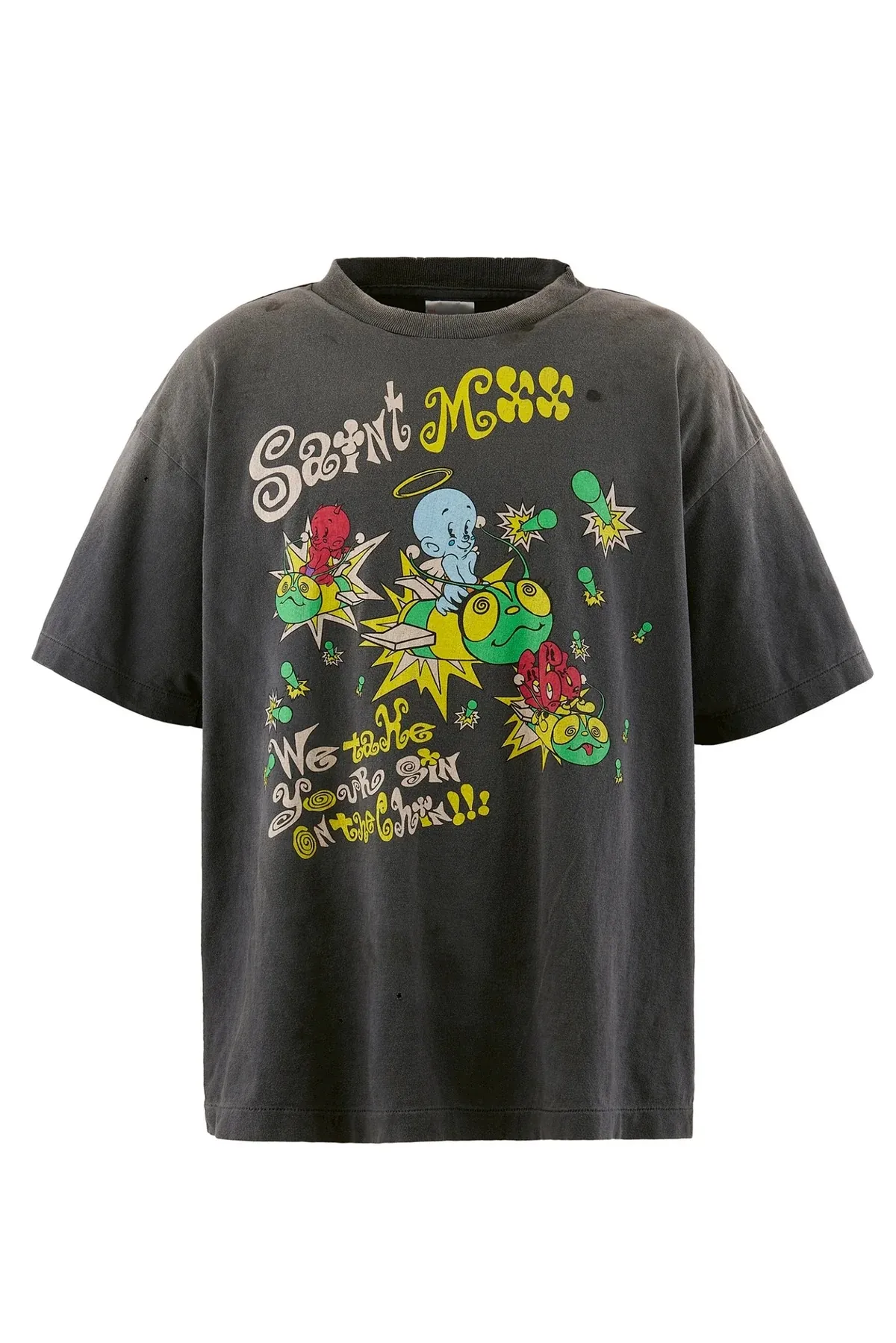 SAINT Mxxxxxx SS TEE/SAINT MX6/BLK Little devil bee distressed TEE, washed black S-XL OE yarn tube fabric, no side seams, Assute garment dyeing, heavy washing, water fading, old hole treatment, correct version, original consistent main mark/wash mark/cherub mark, original consistent printing restoration, distressed treatment, top purchasing agent level
